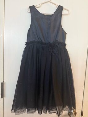 H&M Navy Sleeveless Shantung/foil Tulle Dress with Floral Waist Accent